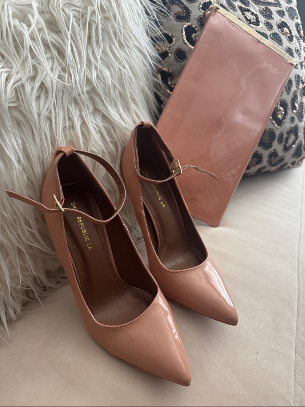 Patent Pointed Toe Ankle Strap Pumps with wristlet